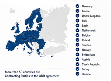 Європейські та міжнародні країни, що застосовують регламент ADR щодо перевезення небезпечних вантажів
