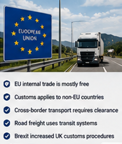 Європейські вантажівки перетинають кордони та проходять митні процедури в логістичних операціях