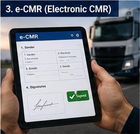 Водій використовує цифровий документ e-CMR на планшеті під час логістичного перевезення