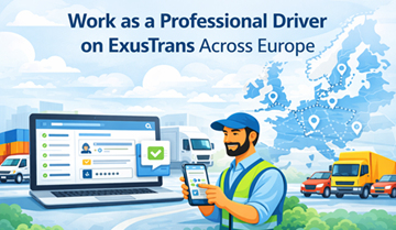 Професійний водій вантажівки використовує мобільну та вебплатформу ExusTrans для керування транспортними замовленнями, транспортними засобами та доставками по Європі