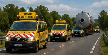Автомобілі супроводу супроводжують колону негабаритного перевезення європейською автомагістраллю