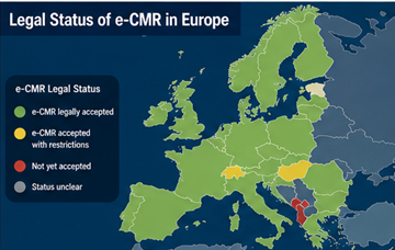 Карта Європи з країнами, де e-CMR юридично приймається як цифровий транспортний документ