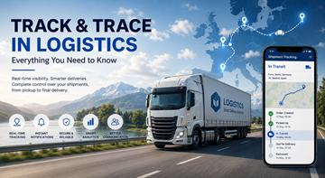 Сучасна логістична система track and trace, що показує видимість відвантажень, GPS-відстеження вантажівок і моніторинг доставки в режимі реального часу по всій Європі
